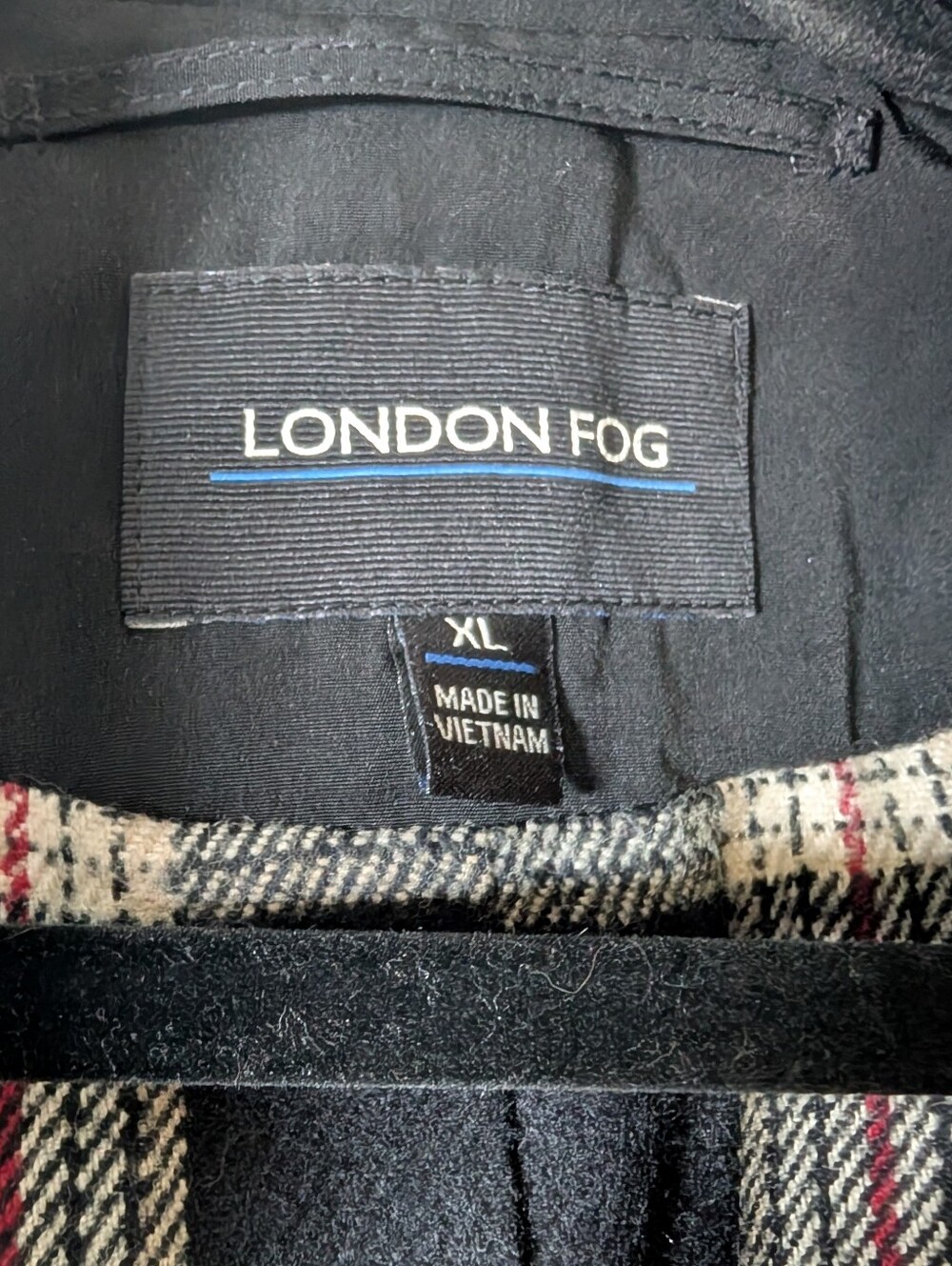 London Fog Black Coat with Plaid Trim - Picture 2 of 7